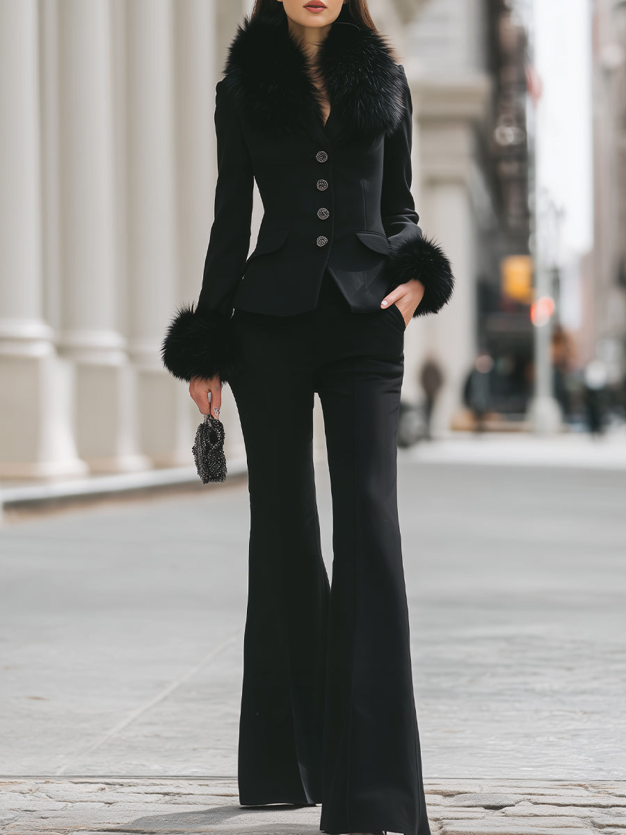 Black Tailored Suit With Faux Fur Trim Details
