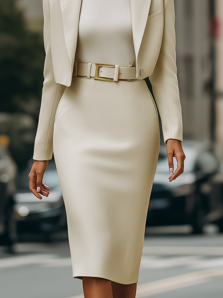 Cream Cropped Blazer And High-Waisted Pencil Skirt Set With Belt