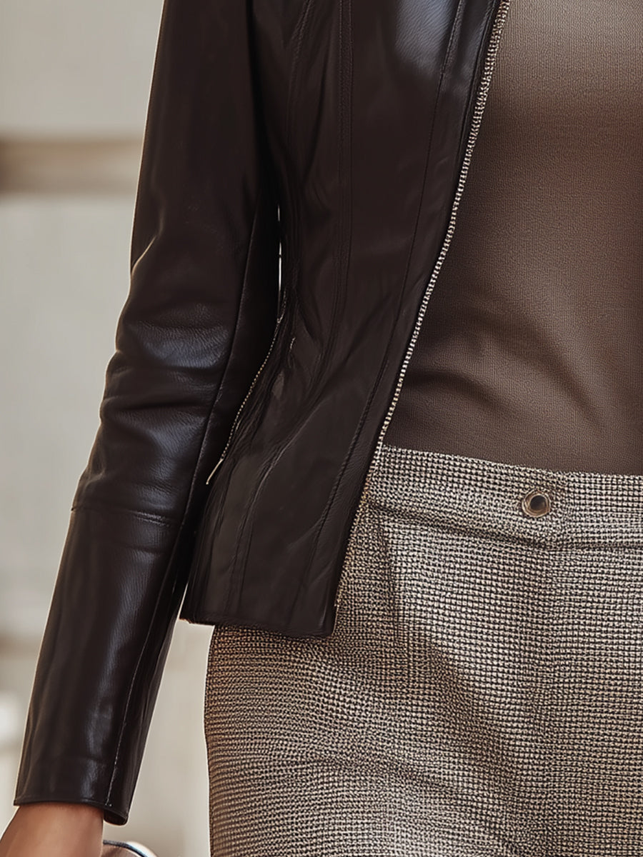 Espresso Black Leather Stand-Collar Jacket
