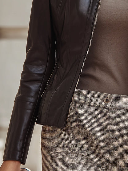 Espresso Black Leather Stand-Collar Jacket