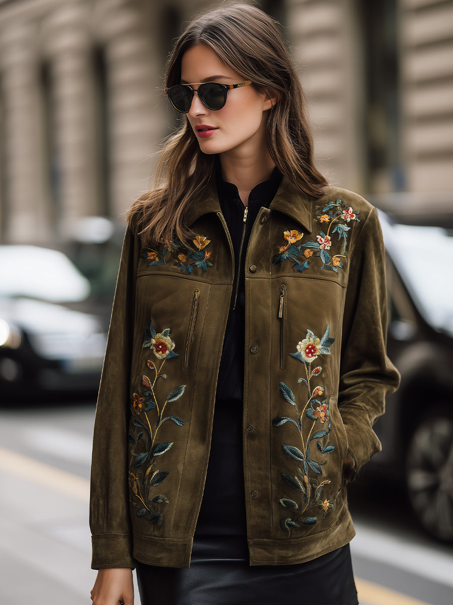 Olive Green Embroidered Jacket With Floral Motif