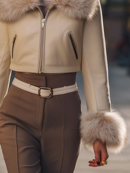 Cropped Jacket With Detachable Faux Fur Collar And Cuffs