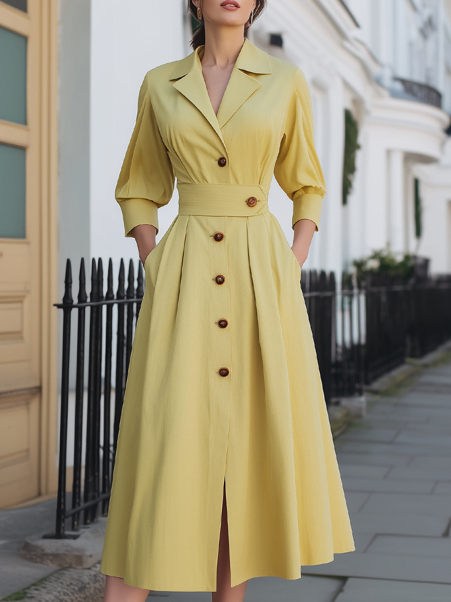Vintage Long Sleeves Button A-Line Midi Dress