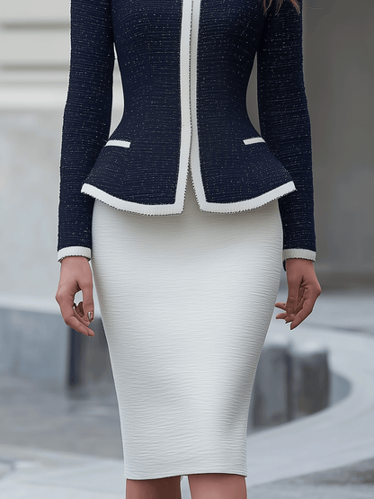 Navy And White Contrast-Trim Tweed Skirt Suit