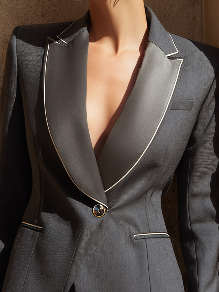 Charcoal Satin-Trim Blazer With Structured Lapels
