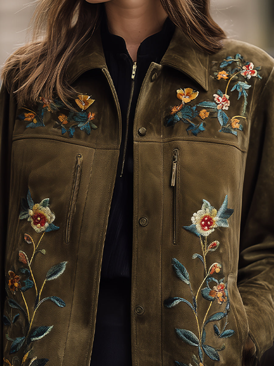 Olive Green Embroidered Jacket With Floral Motif