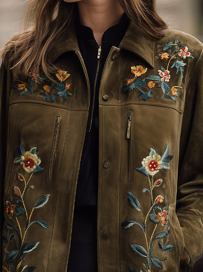 Olive Green Embroidered Jacket With Floral Motif