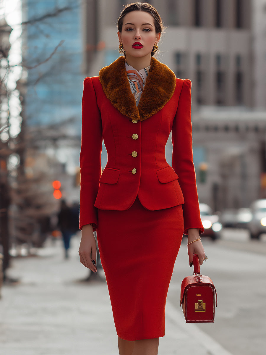 Vibrant Red Woolen Blazer Skirt Set