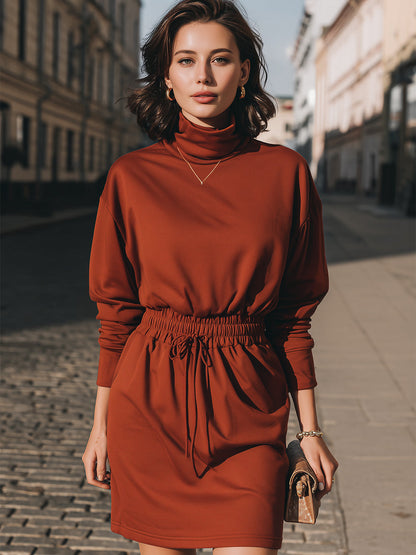 Chic Rust Turtleneck Smocked - Waist Dress