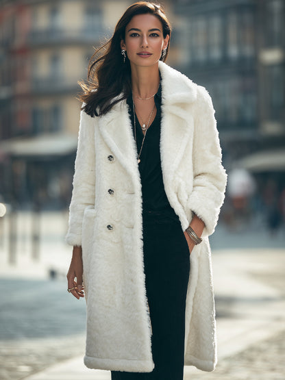 Stylish White Faux Fur Double-Breasted Coat