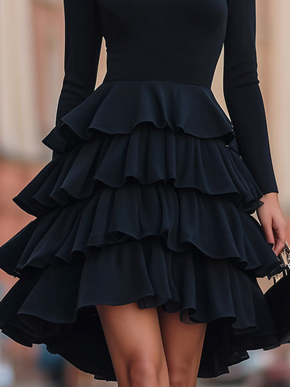 Elegant Black Ruffled Tiered Party Dress