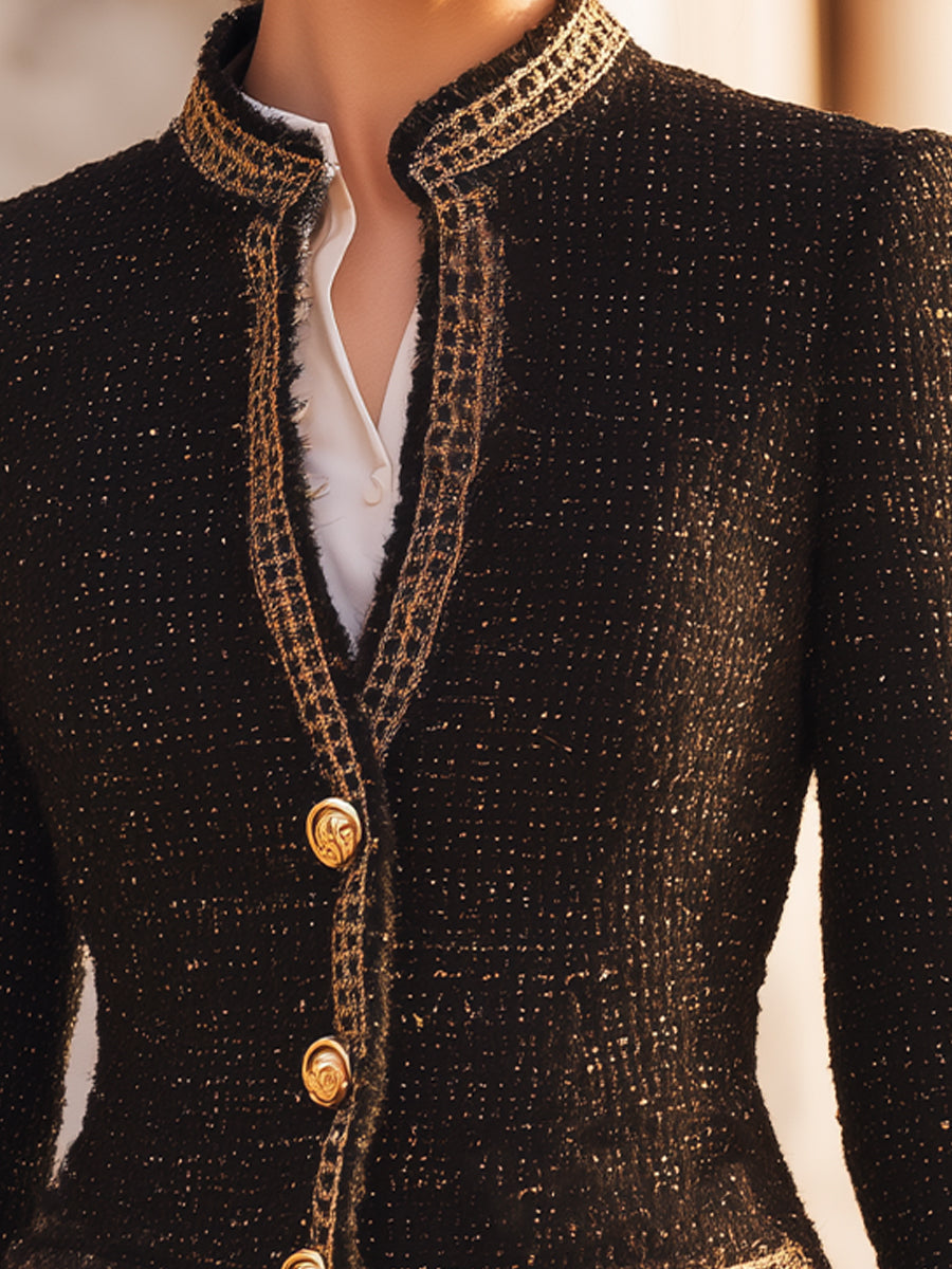 Black Gold-Lattice Tweed Blazer With Stand Collar