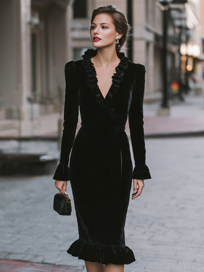 Elegant Black Velvet Ruffled Wrap Dress