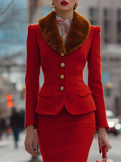 Vibrant Red Woolen Blazer Skirt Set