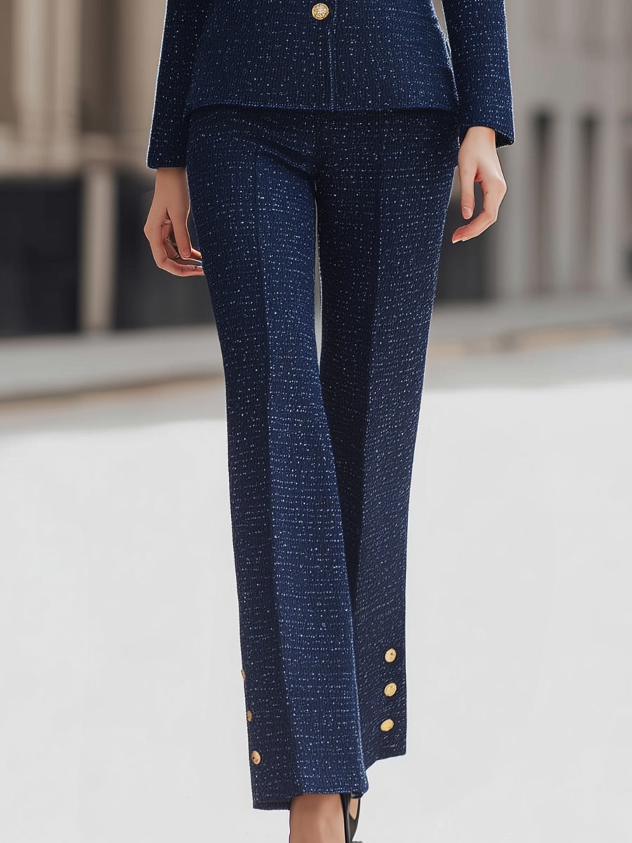 Tweed Belted Blazer And Pants Set With Gold Buttons