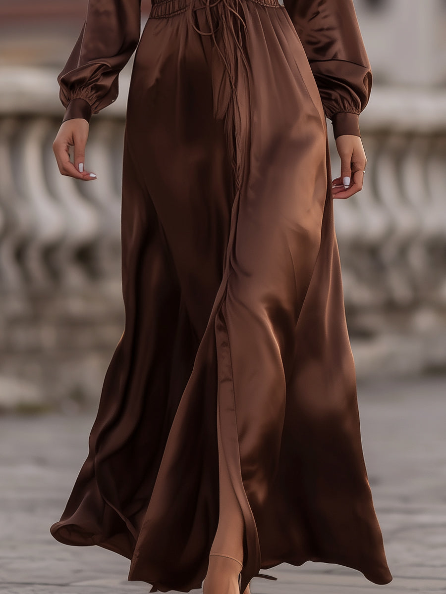 Beckwell Satin Cinched Waist Maxi Dress In Mocha Brown