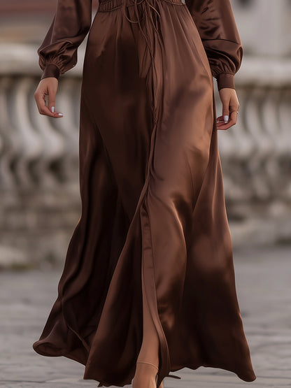 Beckwell Satin Cinched Waist Maxi Dress In Mocha Brown