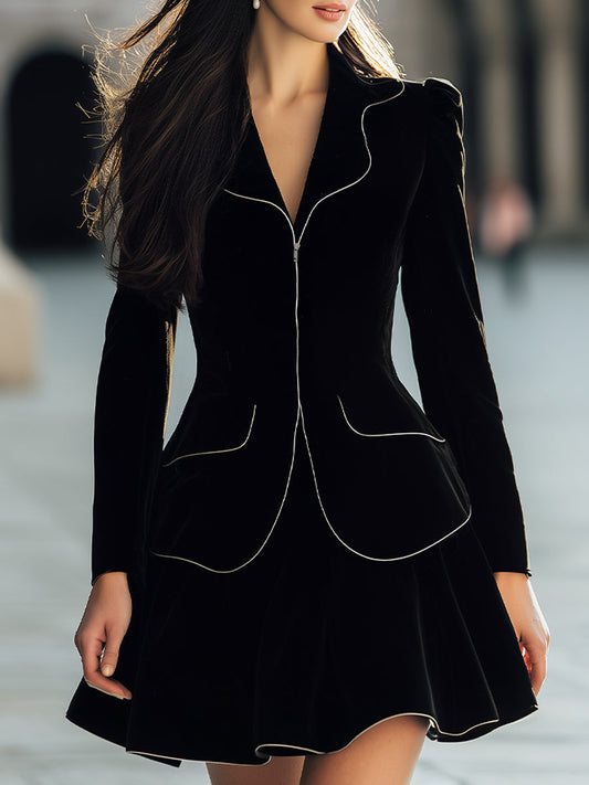 Elegant Velvet Blazer Mini Set With Contrast Piping