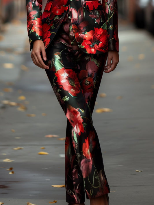 Bold Red Poppy Floral Printed Satin Suit