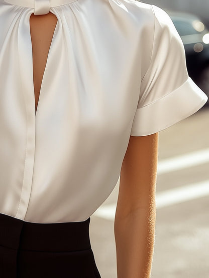Sophisticated White Satin Blouse with Modern Keyhole Neckline