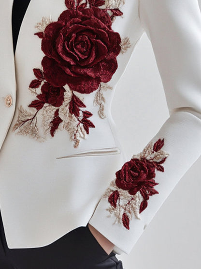 Chic White Blazer with Red Rose Embroidery