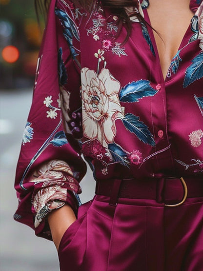 Vibrant Floral Print Burgundy Satin Blouse