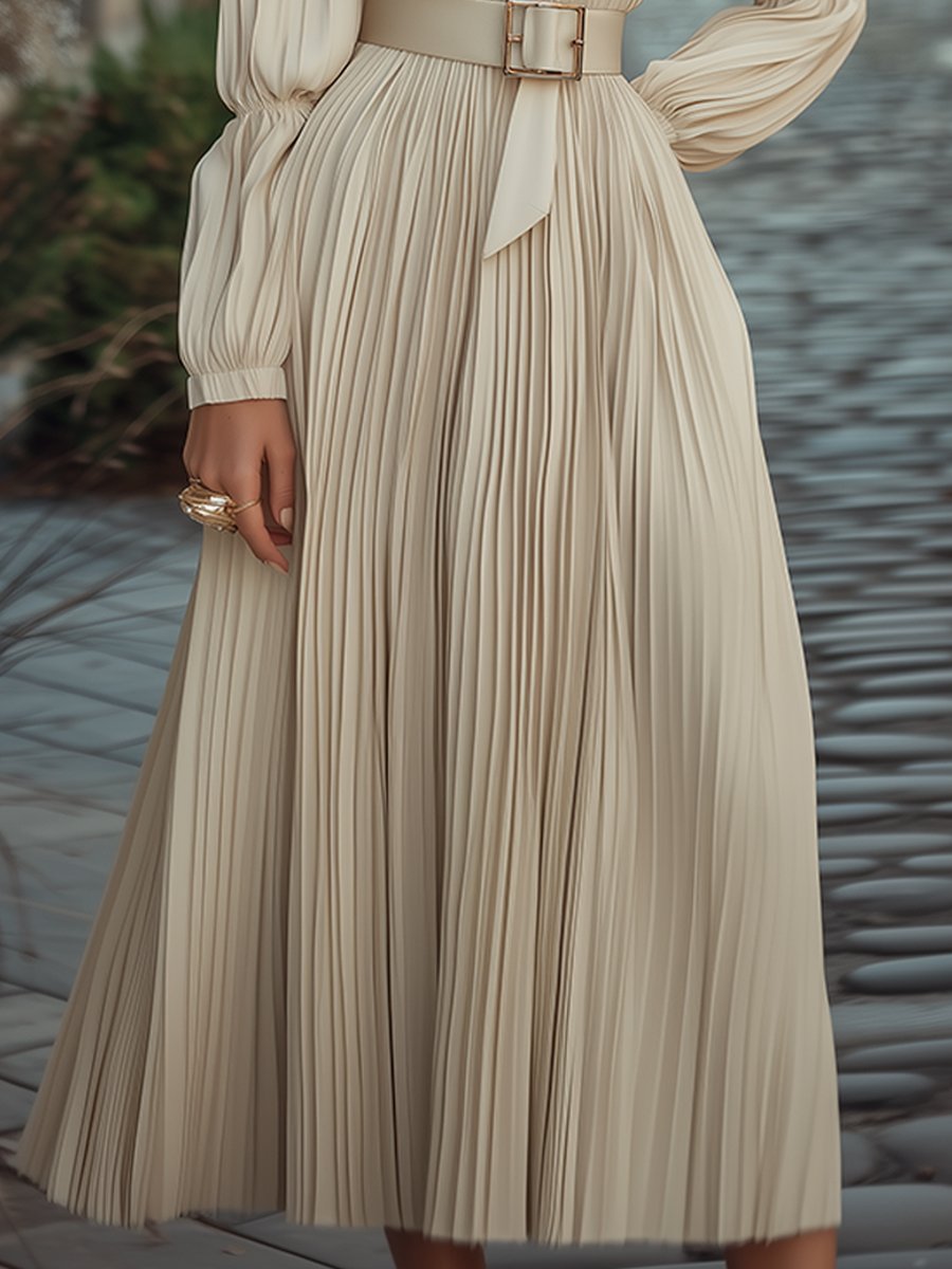 Vintage Pleated Ivory Midi Dress with Belt