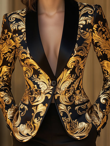 Opulent Black and Gold Blazer with Baroque Floral Printed
