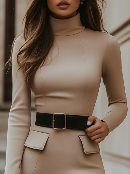 Beige Turtleneck Bodycon Dress with Black Belt Accent