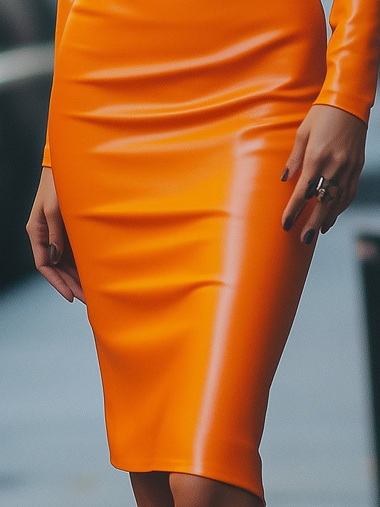 Bright Orange Faux Leather Bodycon Dress