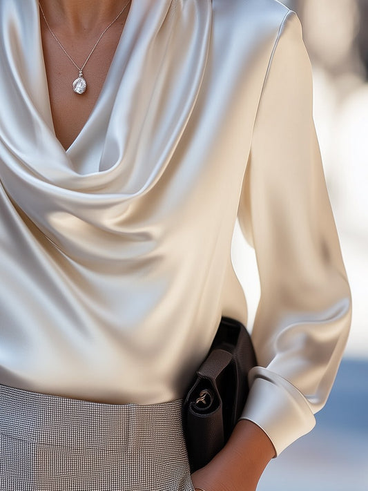 Ivory Satin Draped Cowl-Neck Blouse