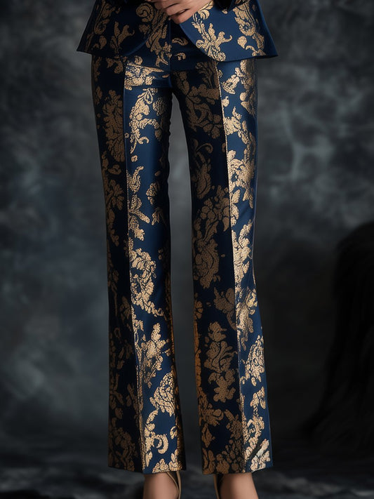 Opulent Royal Blue Satin Suit with Golden Ornate Motifs Printed