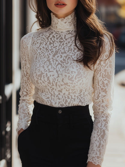 Classic Floral Lace Blouse with High Neck