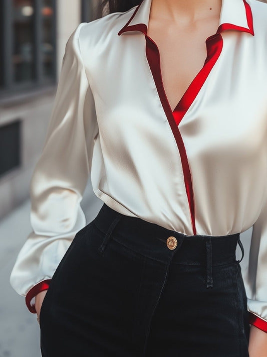 Contrast Collar Satin Blouse