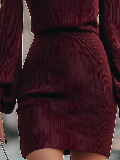 Burgundy Ribbed Turtleneck Mini Dress with Balloon Sleeves
