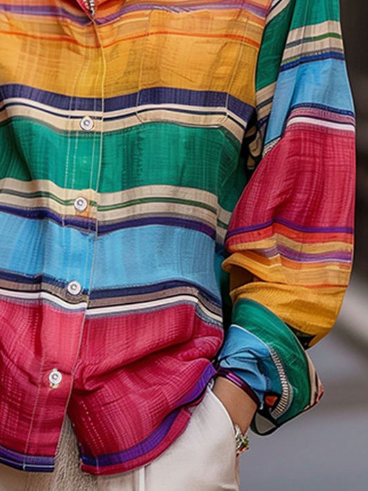 Chic Shirt Collar Rainbow Stripes Linen Blouse